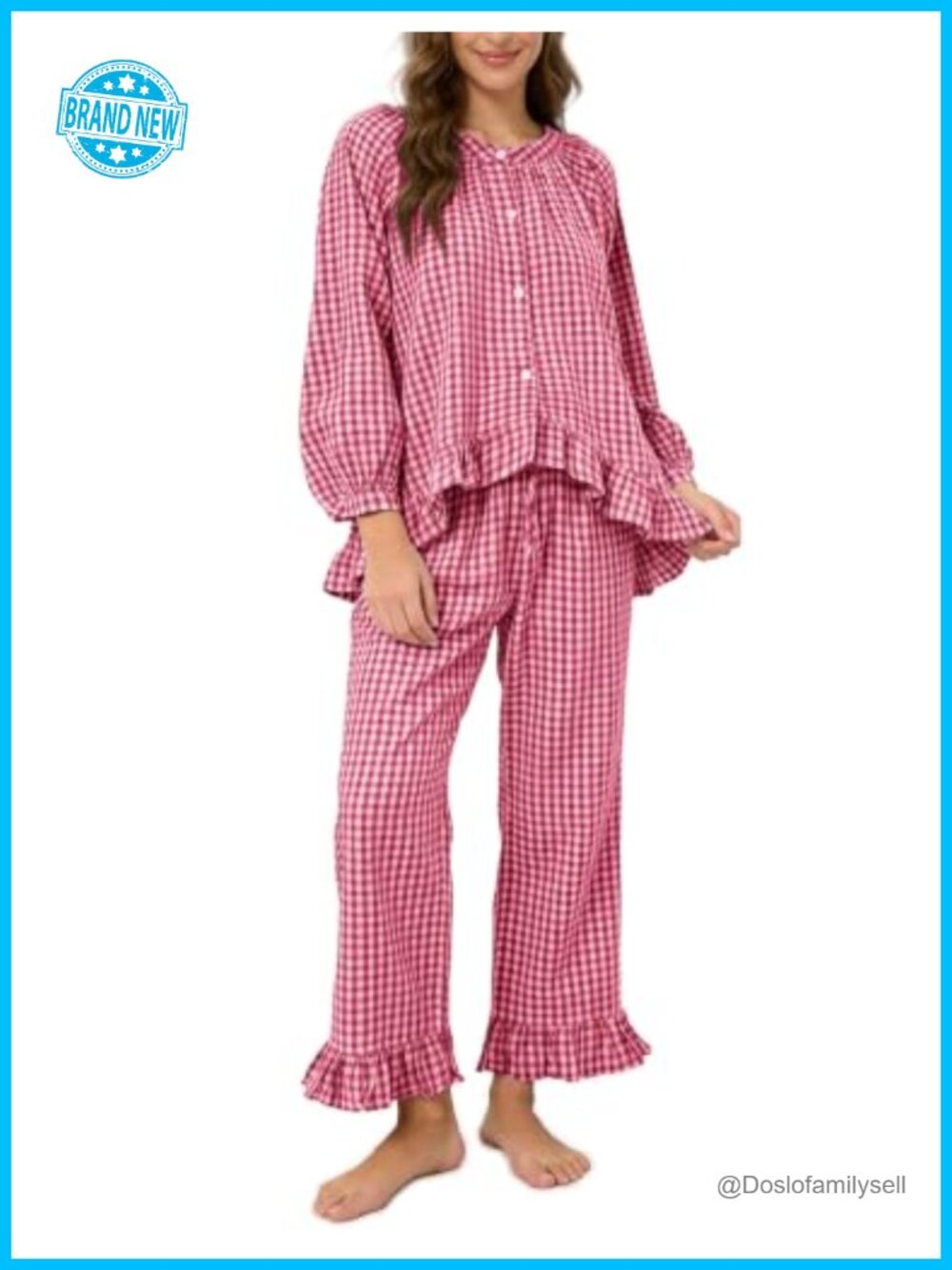 Women's 2-Piece Cotton Pajama Set Puff Sleeve Plaid Lounge